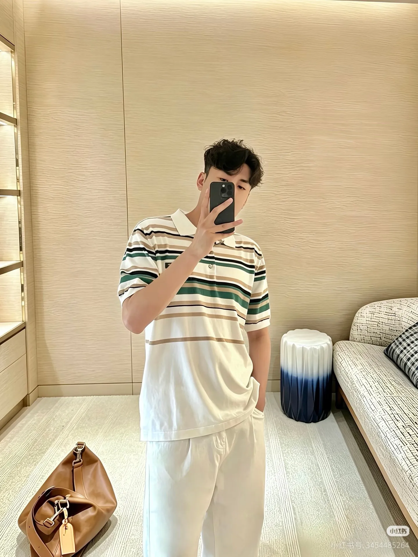 Louis Vuitton/Louis Vuitton 26ss leather brand striped knitted Polo short sleeves